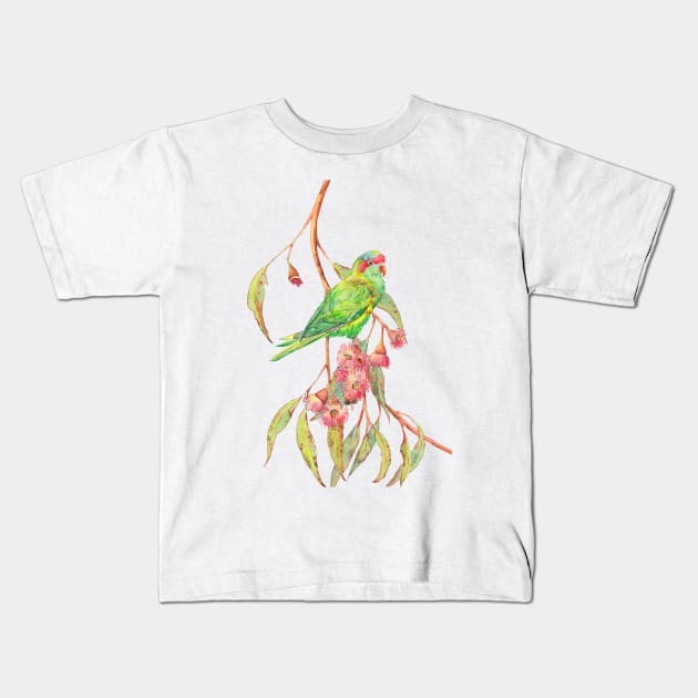 Musk lorikeet parrot and eucalyptus branch with pink flowers Kids T-Shirt by ZoyaArt